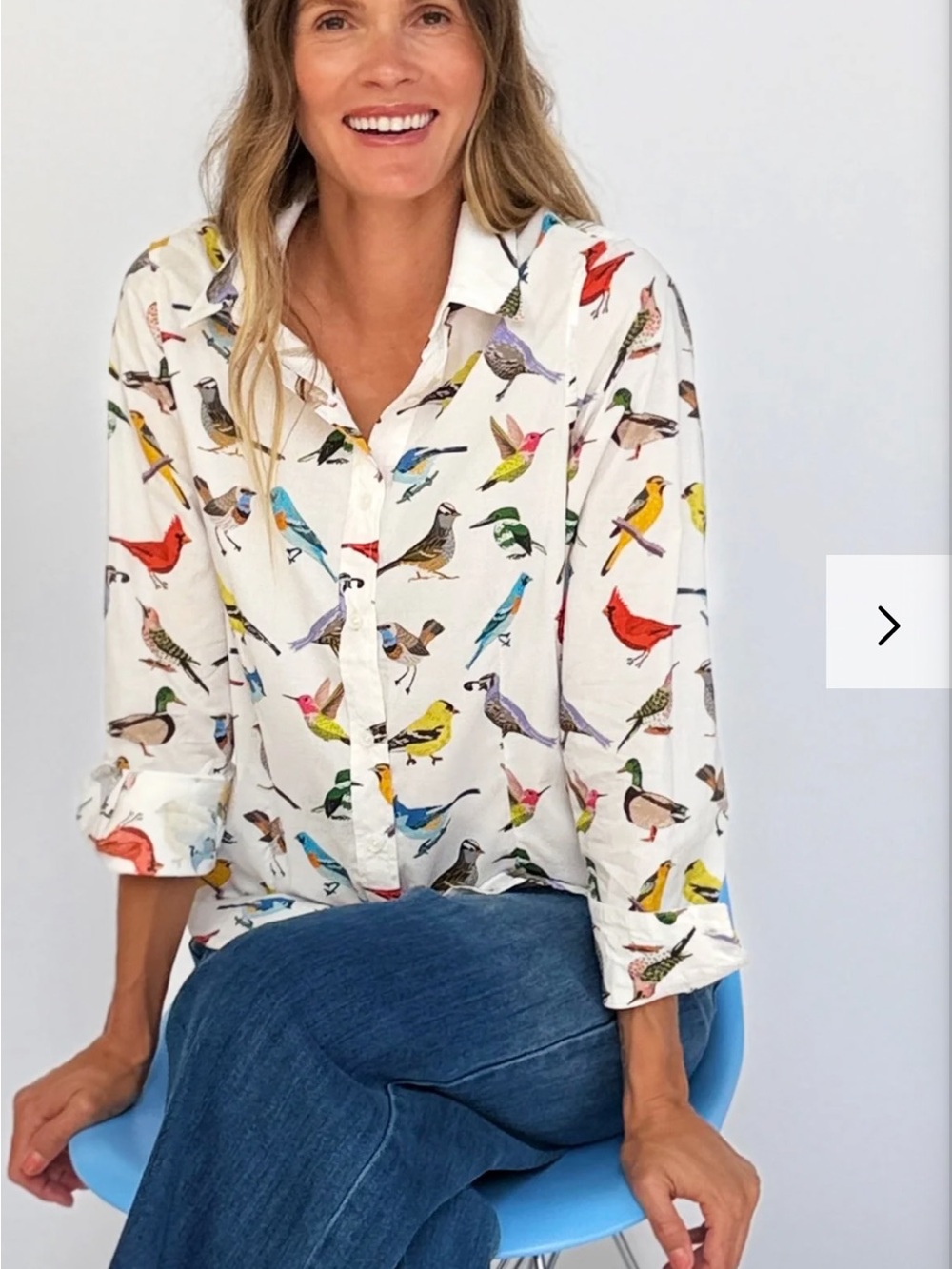 White Bird-Print Button-Front Blouse